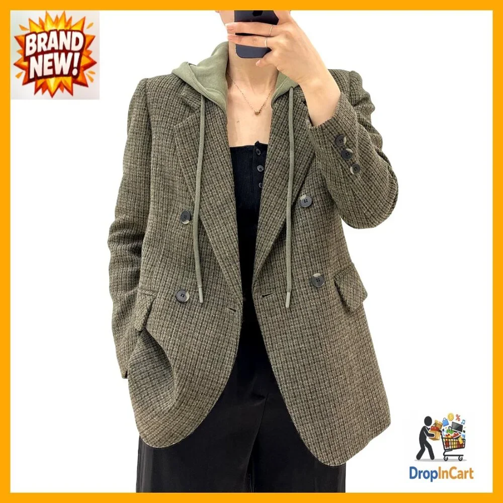 Oversized Hooded Blazer Double Breasted Loose Fit Lined Work Office Jacket